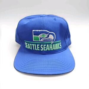 Vtg Annco Hat NFL Seattle Seahawks Script Blue Green Mascot Snapback Cap